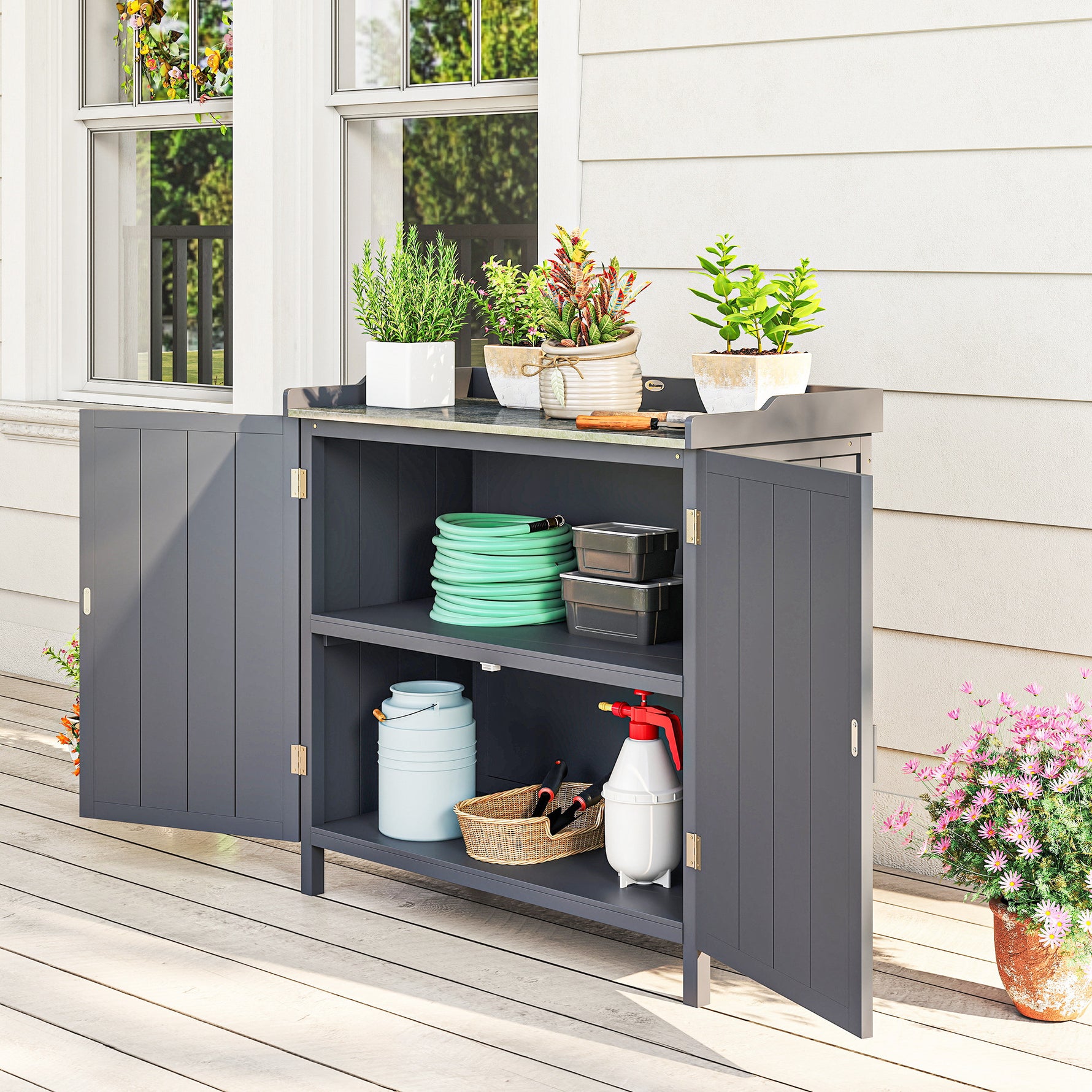 Armoire de rangement de jardin sur pied, table de rempotage 2 en 1 double porte, étagère, plateau métal galvanisé - gris