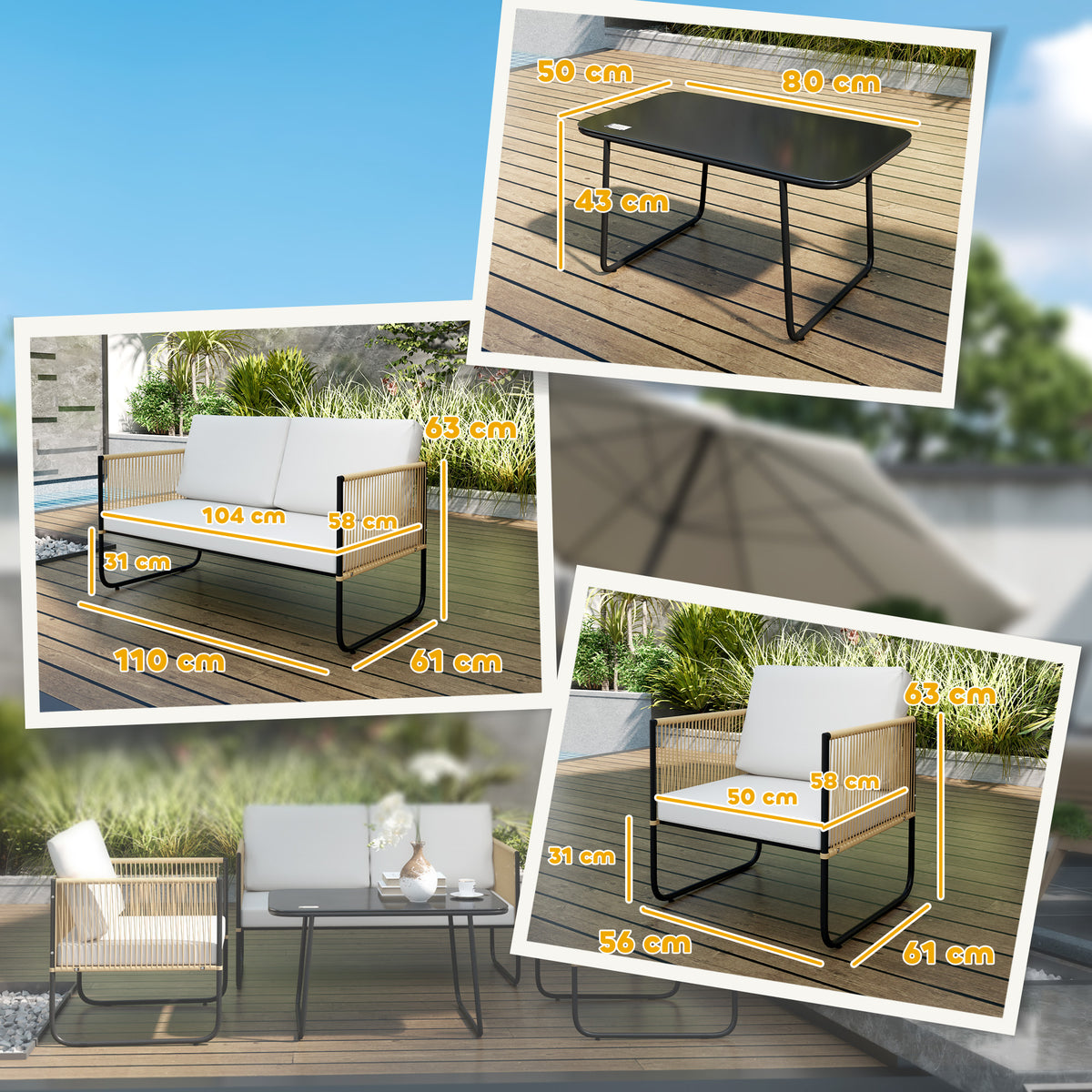 Conjunto de jardín de 4 piezas con sofá de 2 plazas, 2 sillones, 1 mesa de centro de cristal y cojines – blanco crema