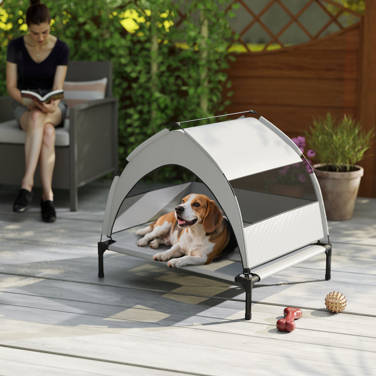 Lit pour Chien Surélevé Tente pour Chien avec Auvent Tente 3 Côtés Respirant Textilène Sac 76x61x70cm Gris Clair