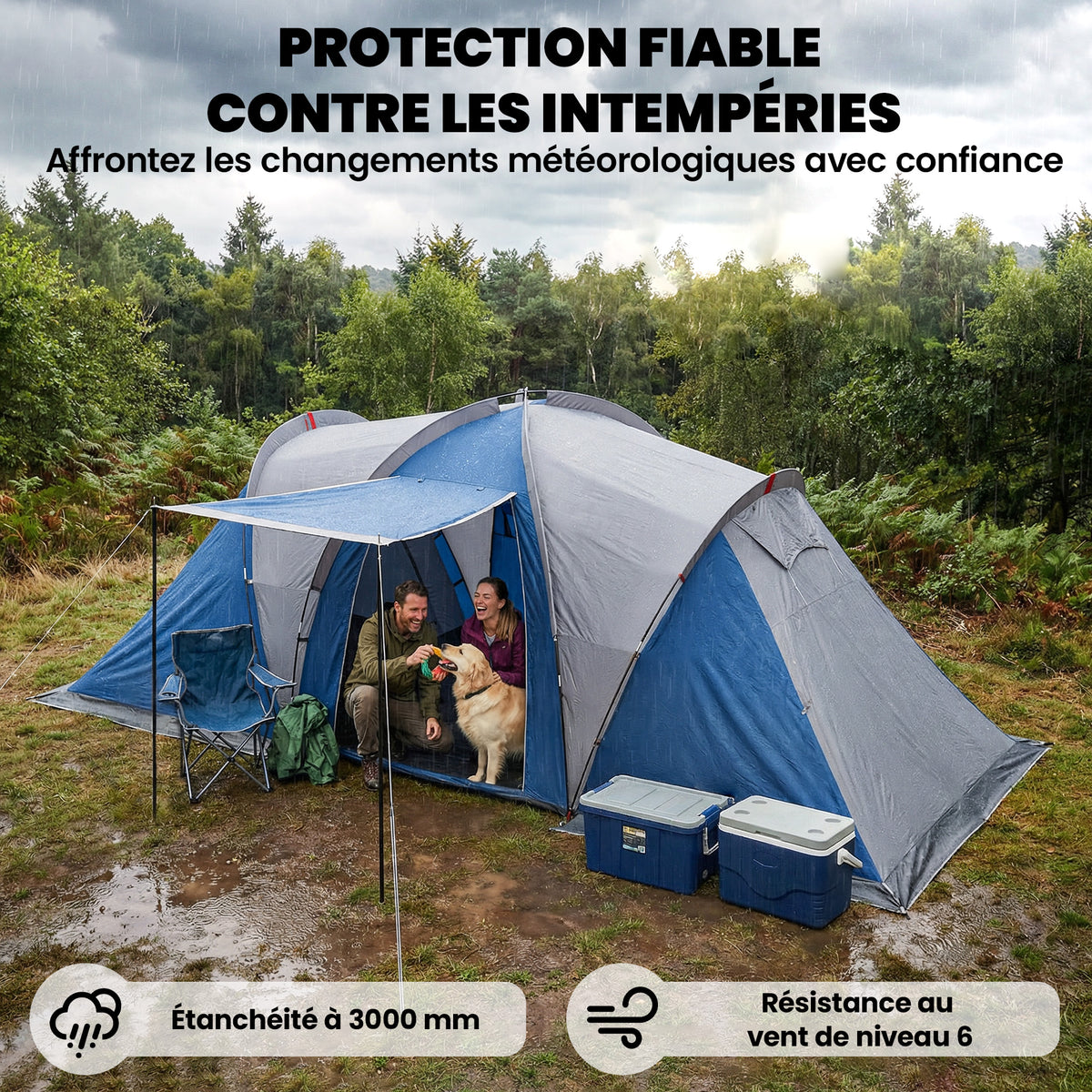 Tente de Camping Double Couche Tunnel Familiale 4-5 Personnes 2 Chambres et Séjour pour 12 Personnes Bleu