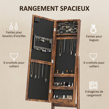 Armoire à bijoux armoire de rangement sur pieds boîte à bijoux avec miroir multi-rangements éclairage LED brun rustique