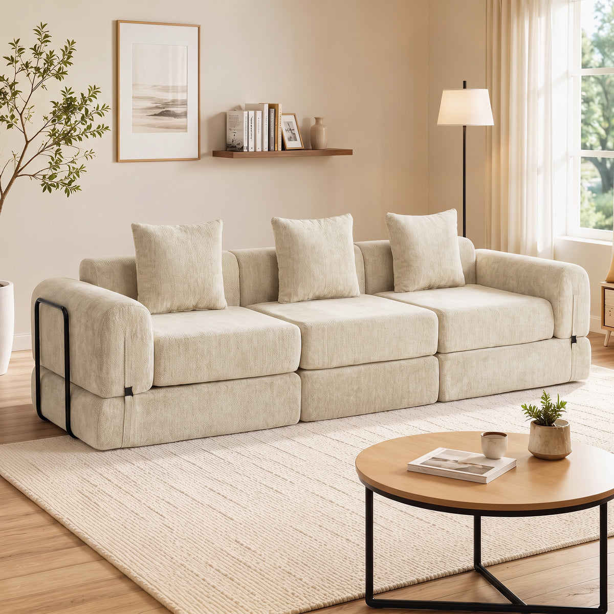 Canapé-Lit Pliable 245 cm, Canapé Compressé 3 Places Modulaire en Chenille avec Assise large, 3 Coussins, Beige-1