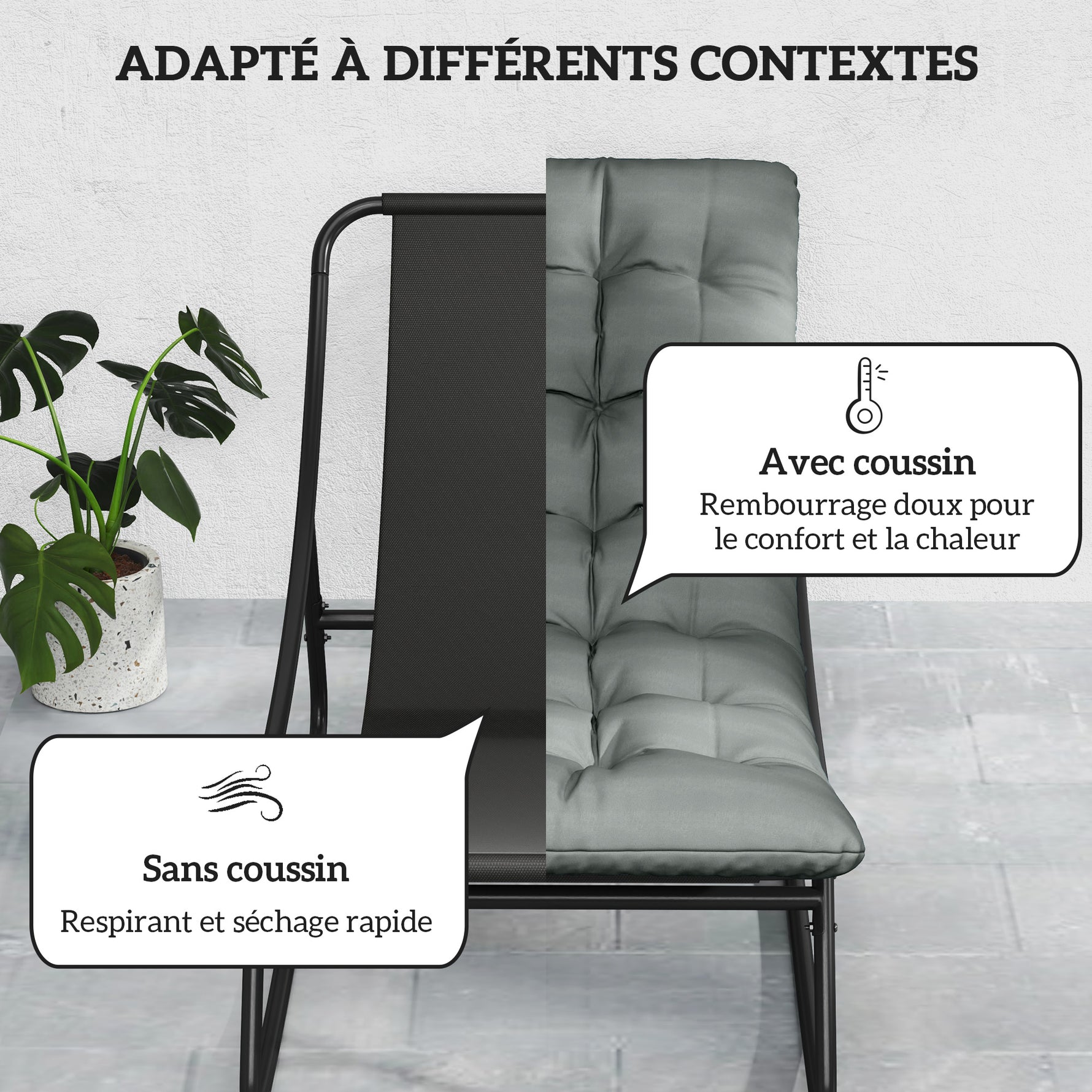 Lot de 2 fauteuils à bascule extérieur avec coussins épais, siège tissu textilène respirant et cadre en acier, gris