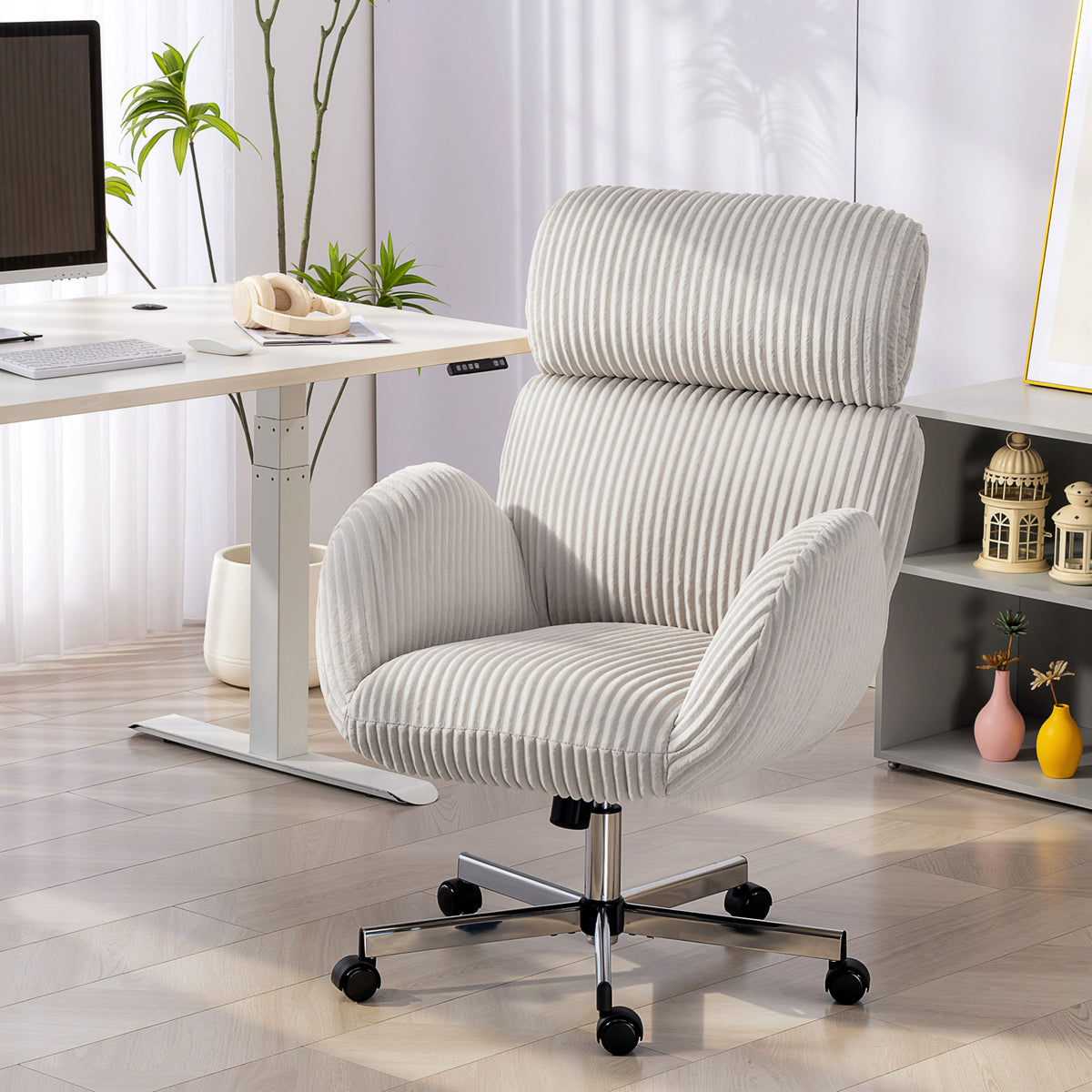 Chaise bureau ergonomique en velours, fauteuil de bureau avec dossier haut, appui-tête réglable et accoudoirs, gris