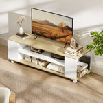 Meuble TV avec roulettes 120 cm, meuble télé pour téléviseur jusqu'à 55 pouces, 2 étagères ouvertes, blanc et naturel