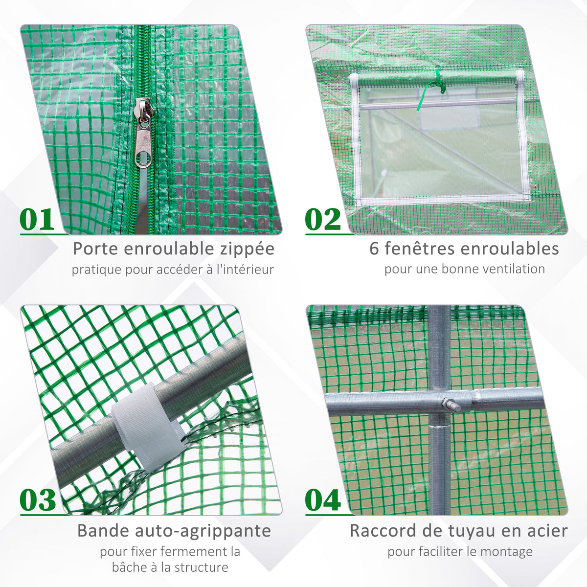 Serre Tunnel de Jardin 10,5 m² dim. 3,5L x 3l x 2H m Porte + 6 fenêtres enroulables Acier galvanisé bâche PE Haute densité Vert
