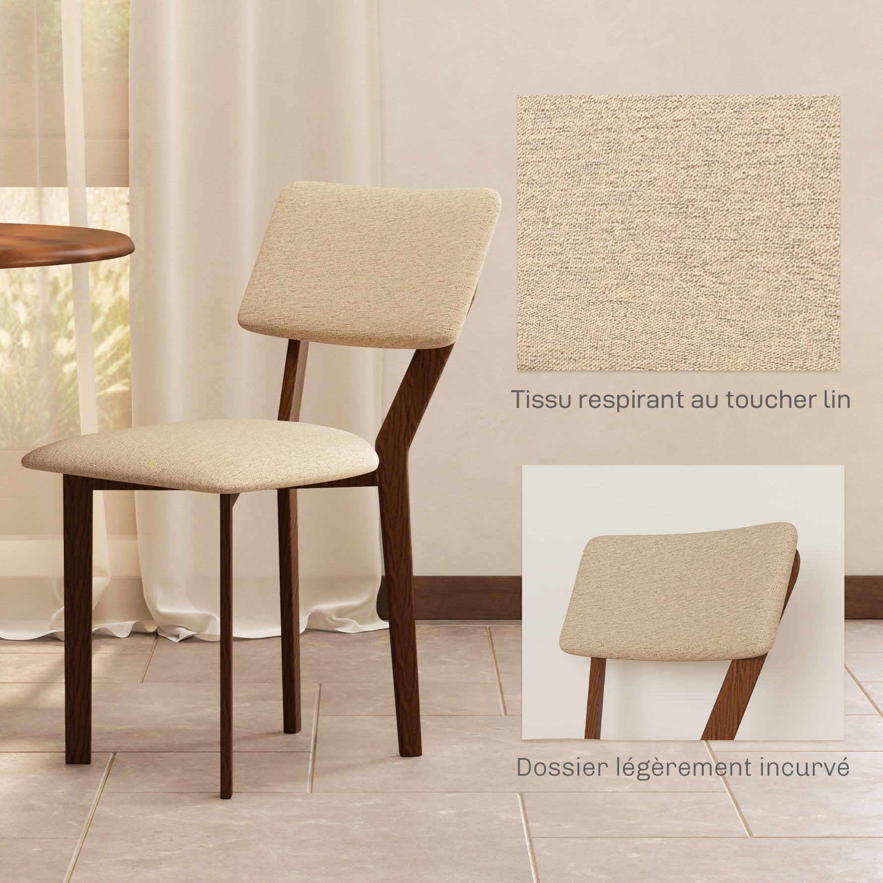 Lot de 2 chaises salle à manger chaises de cuisine avec dossier pieds en bois tissu effet lin 49 x 56 x 85 cm beige