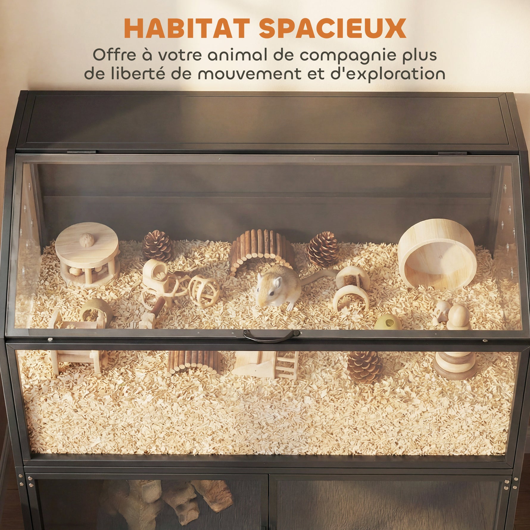Cage Hamster 2-en-1 avec Armoire de Rangement pour Rongeur Hamster Syrien et Souris Acier et Acrylique Noir