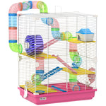 Cage pour Hamster Rongeur 5 Étages avec Tunnels, Mangeoire, Roue, Maison, Échelles, 46 x 30 x 58 cm, Rose