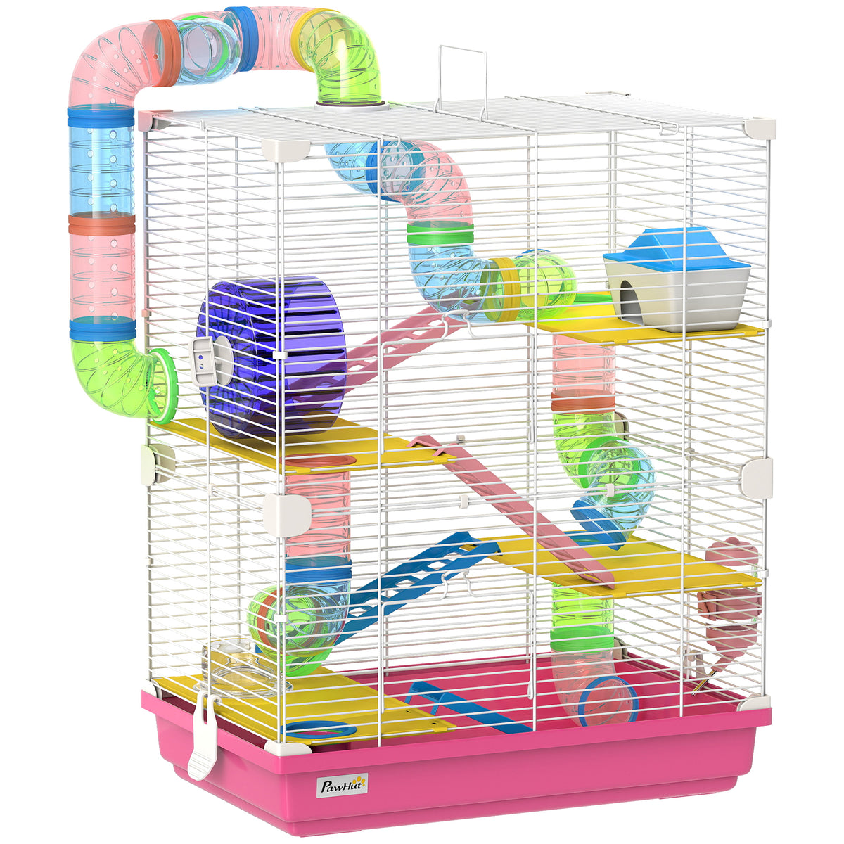 Cage pour Hamster Rongeur 5 Étages avec Tunnels, Mangeoire, Roue, Maison, Échelles, 46 x 30 x 58 cm, Rose