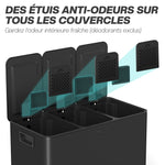 Poubelle de cuisine 45L avec 3 compartiments de 15L, couvercle, seaux intérieurs amovibles, 3 x 15L, noir