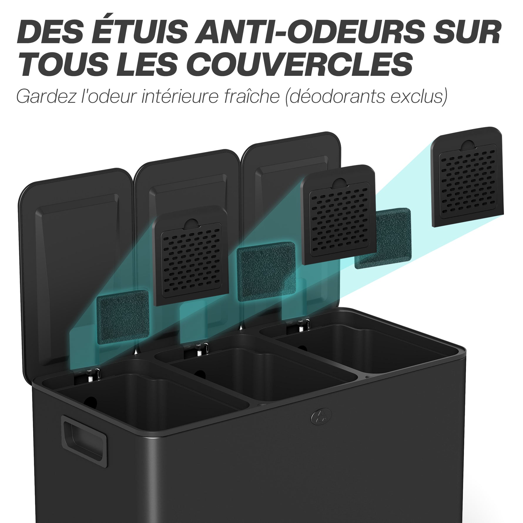 Poubelle de cuisine 45L avec 3 compartiments de 15L, couvercle, seaux intérieurs amovibles, 3 x 15L, noir