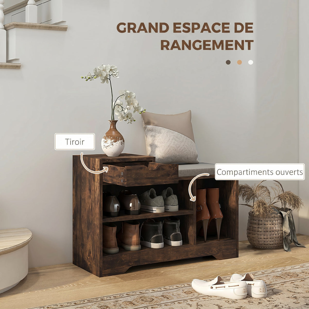 Meuble et Banc à Chaussures, 1 Tiroir et 3 Compartiments, Capacité 5 Paires, MDF, 76,5 x 30 x 52 cm, Marron