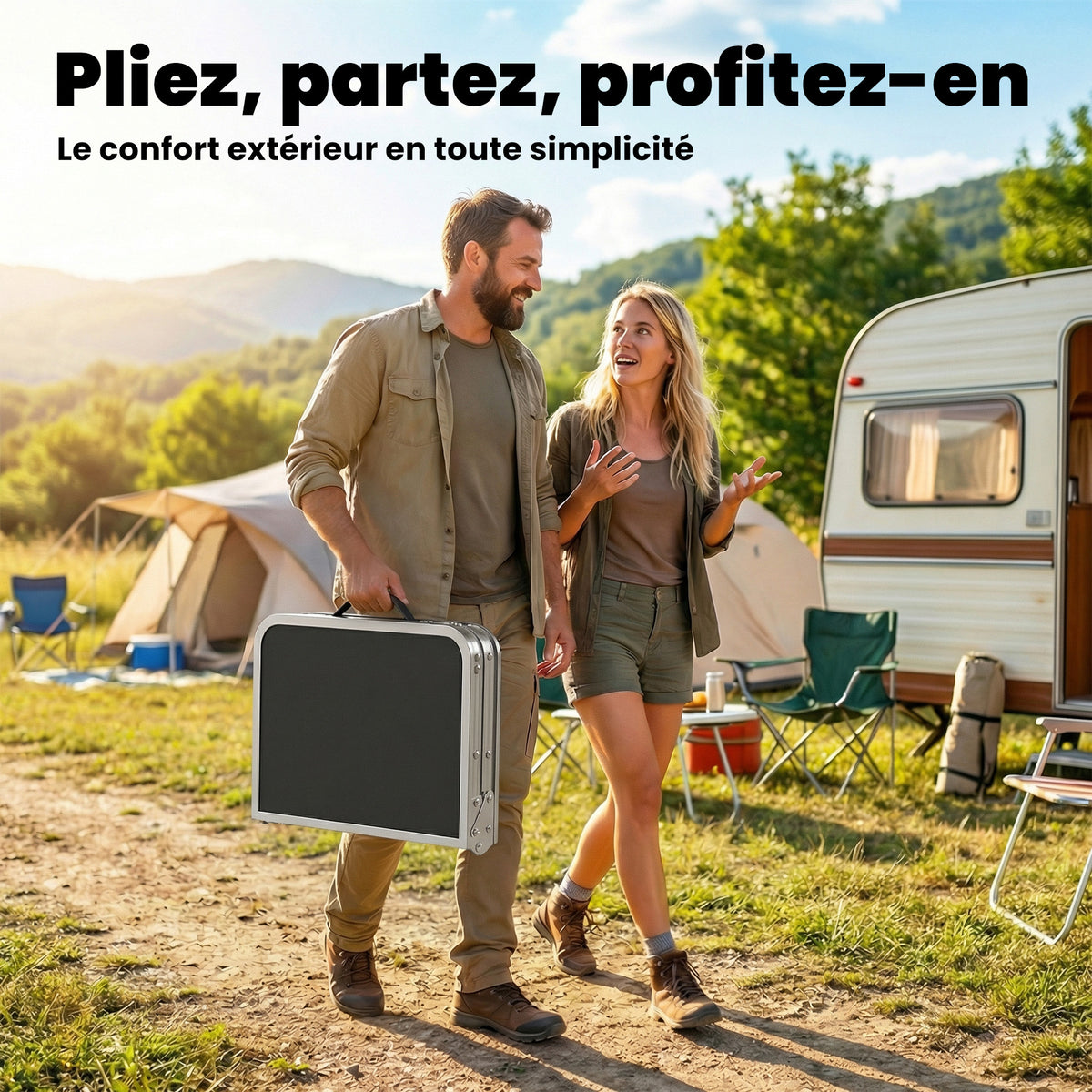 Table pliante aluminium, table de camping pliante, poignée 4 hauteurs réglables avec Rangement 60x40x60cm, blanc