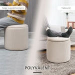 Lot de 2 poufs tabourets repose-pieds coffre de rangement en tissu aspect velours côtelé Ø40 cm et Ø30 cm, crème
