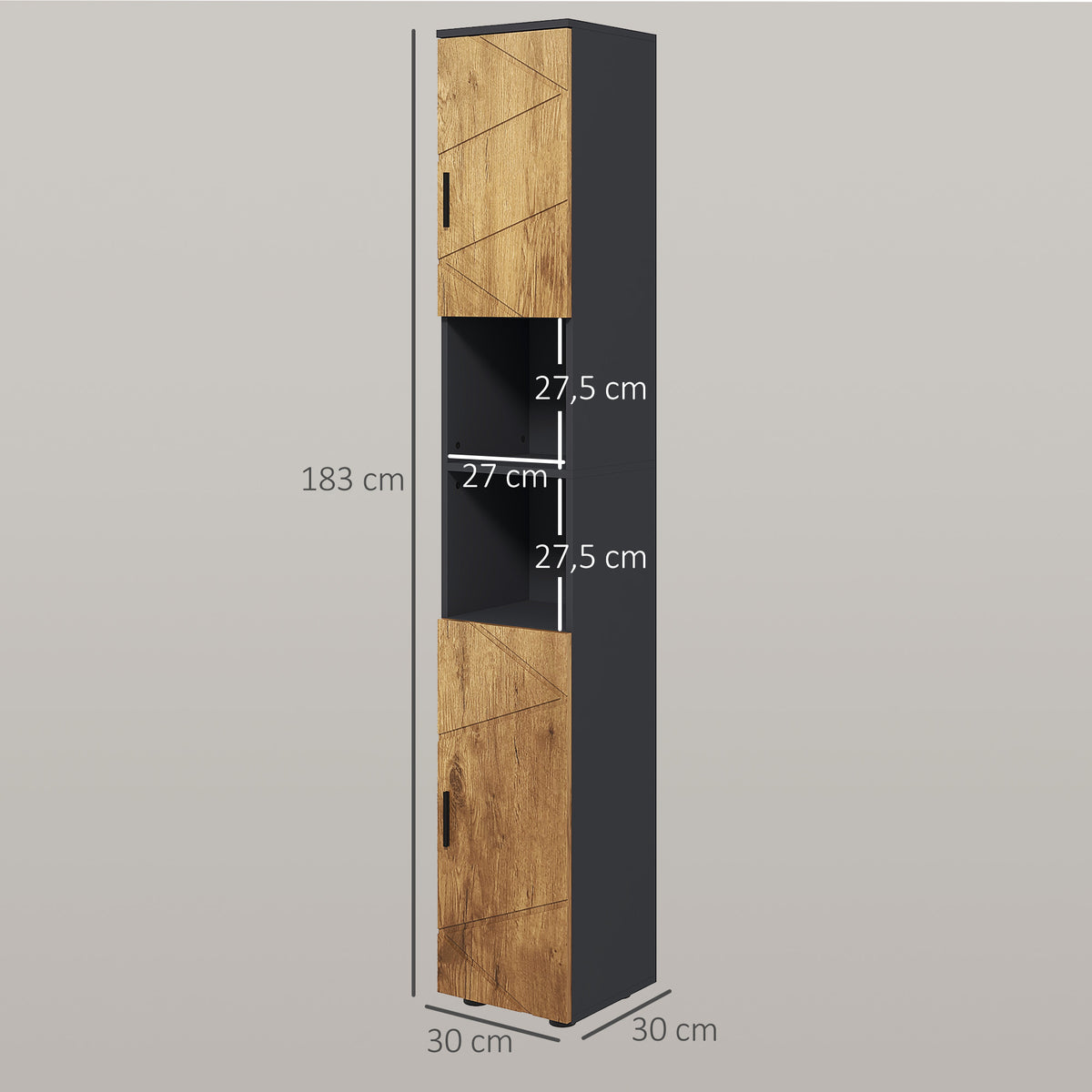 Meuble colonne armoire rangement salle de bain 2 portes étagère réglable 2 niches 30 x 30 x 183 cm chêne gris foncé
