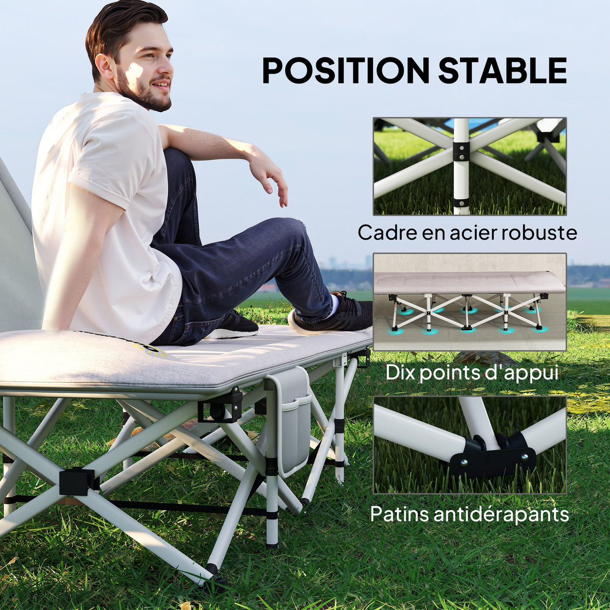 Cama de camping plegable con colchón, tumbona, silla reclinable y bolsa de almacenamiento integrada, dim. 185L x 65l x 37H cm, gris