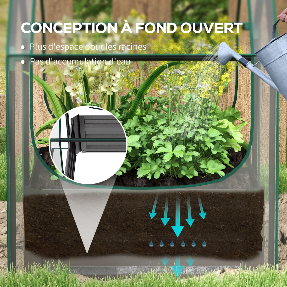 Carré potager de jardin avec mini serre, jardinière surélevée en acier galvanisé, 70 x 70 x 90 cm, gris foncé