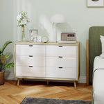 Commode 6 tiroirs, meuble de rangement à haute brillance, 5 pieds en bois, 110 x 40 x 75 cm, blanc et chêne