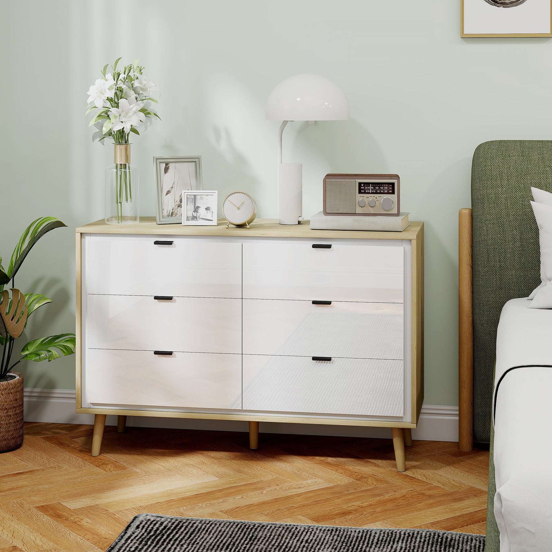 Commode 6 tiroirs, meuble de rangement à haute brillance, 5 pieds en bois, 110 x 40 x 75 cm, blanc et chêne