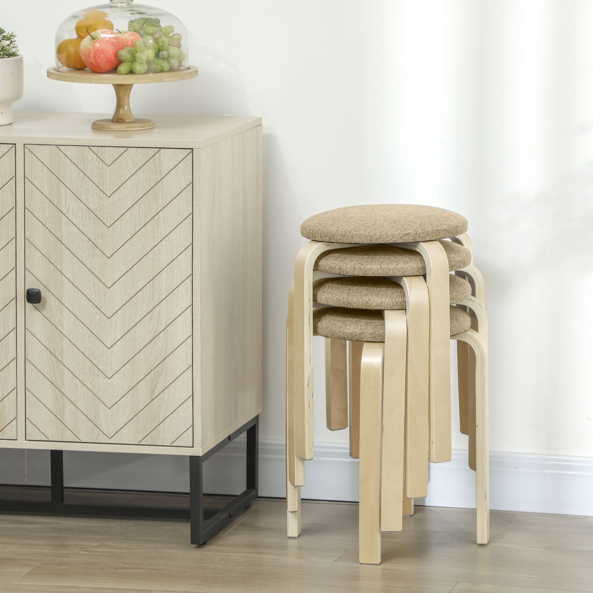 Ensemble de 4 Tabourets Empilables Modernes, Tabourets Ronds sans Dossier avec Assise Rembourrée, 40 x 40 x 45 cm, Kaki