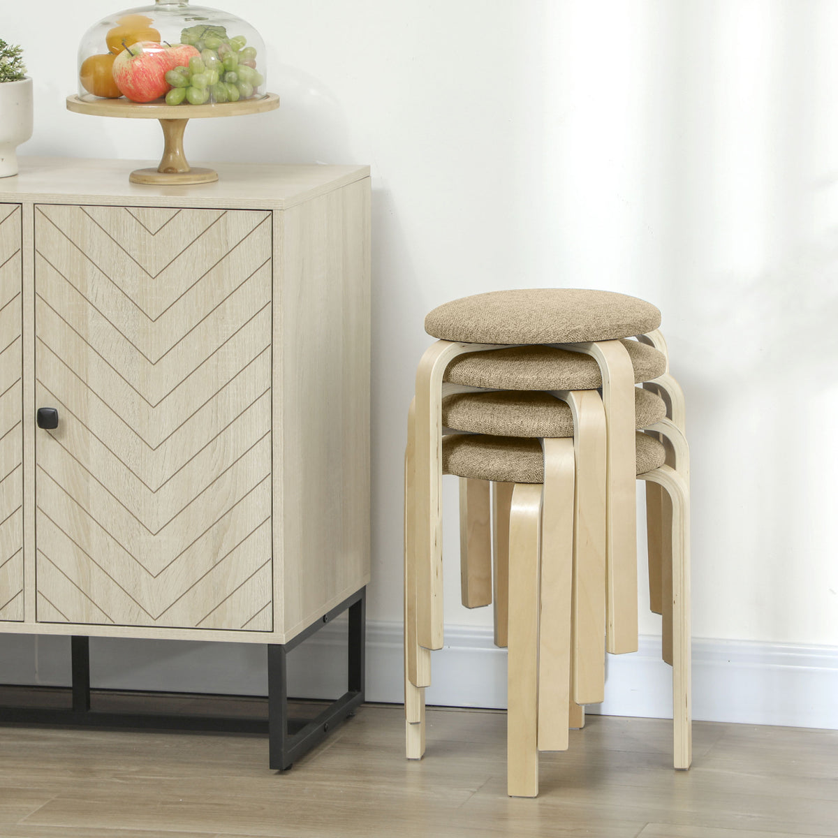 Ensemble de 4 Tabourets Empilables Modernes, Tabourets Ronds sans Dossier avec Assise Rembourrée, 40 x 40 x 45 cm, Kaki