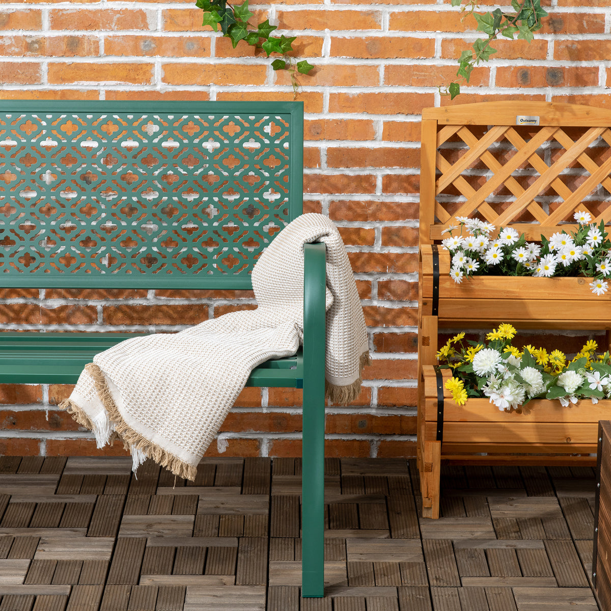 Banc de jardin banc extérieur jardin en acier avec dossier à motif floral pour 2 personnes 127 x 63 x 83 cm vert foncé