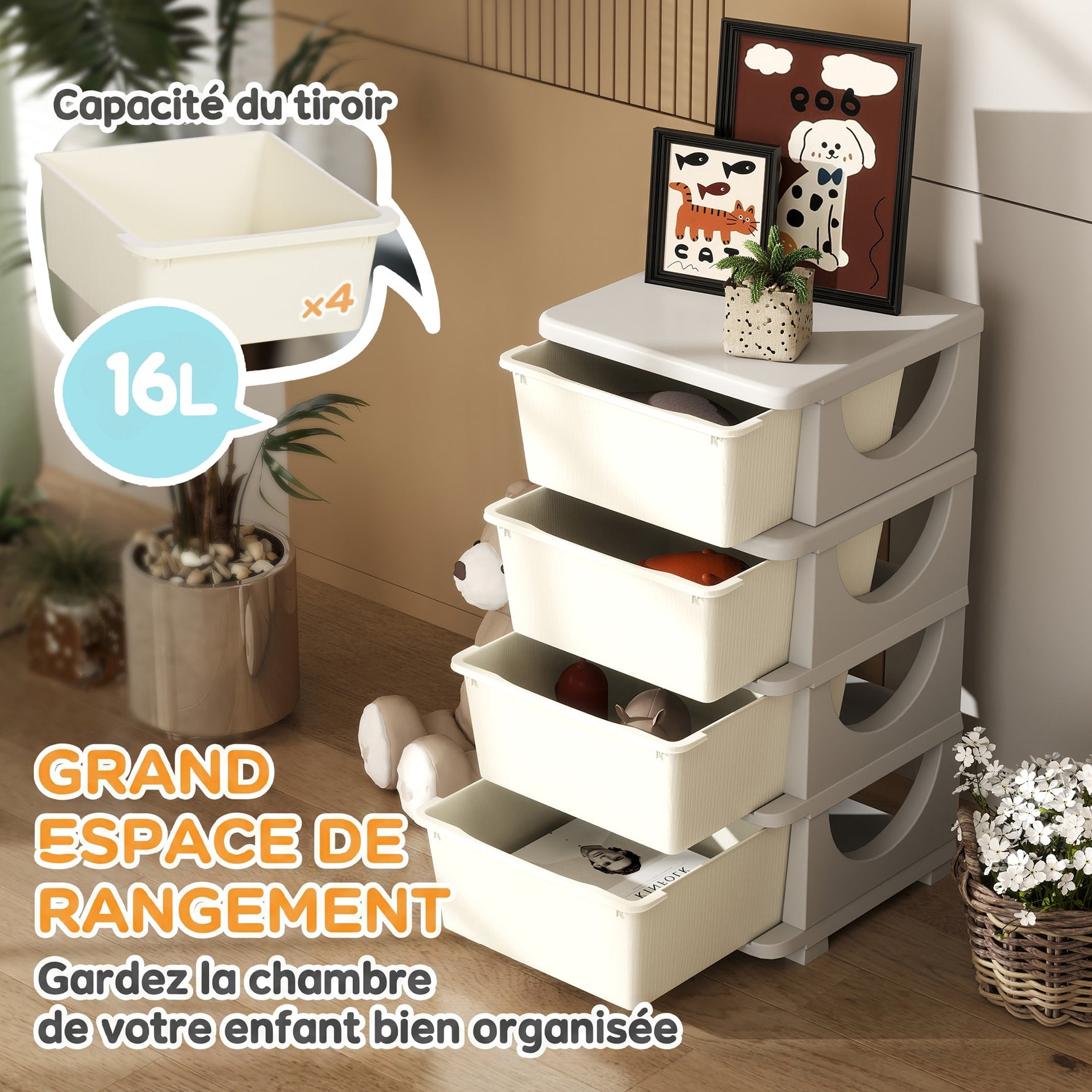 Organisateur de jouets pour enfants avec 4 tiroirs à 4 niveaux, boîtes de rangement en plastique, 37 x 37 x 76 cm, crème