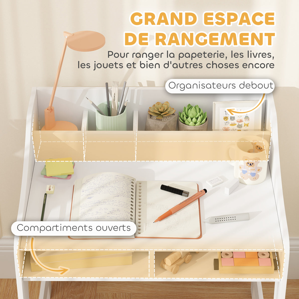 Ensemble bureau et chaise pour enfant 3 à 8 ans avec compartiments et étagères ouverts, blanc