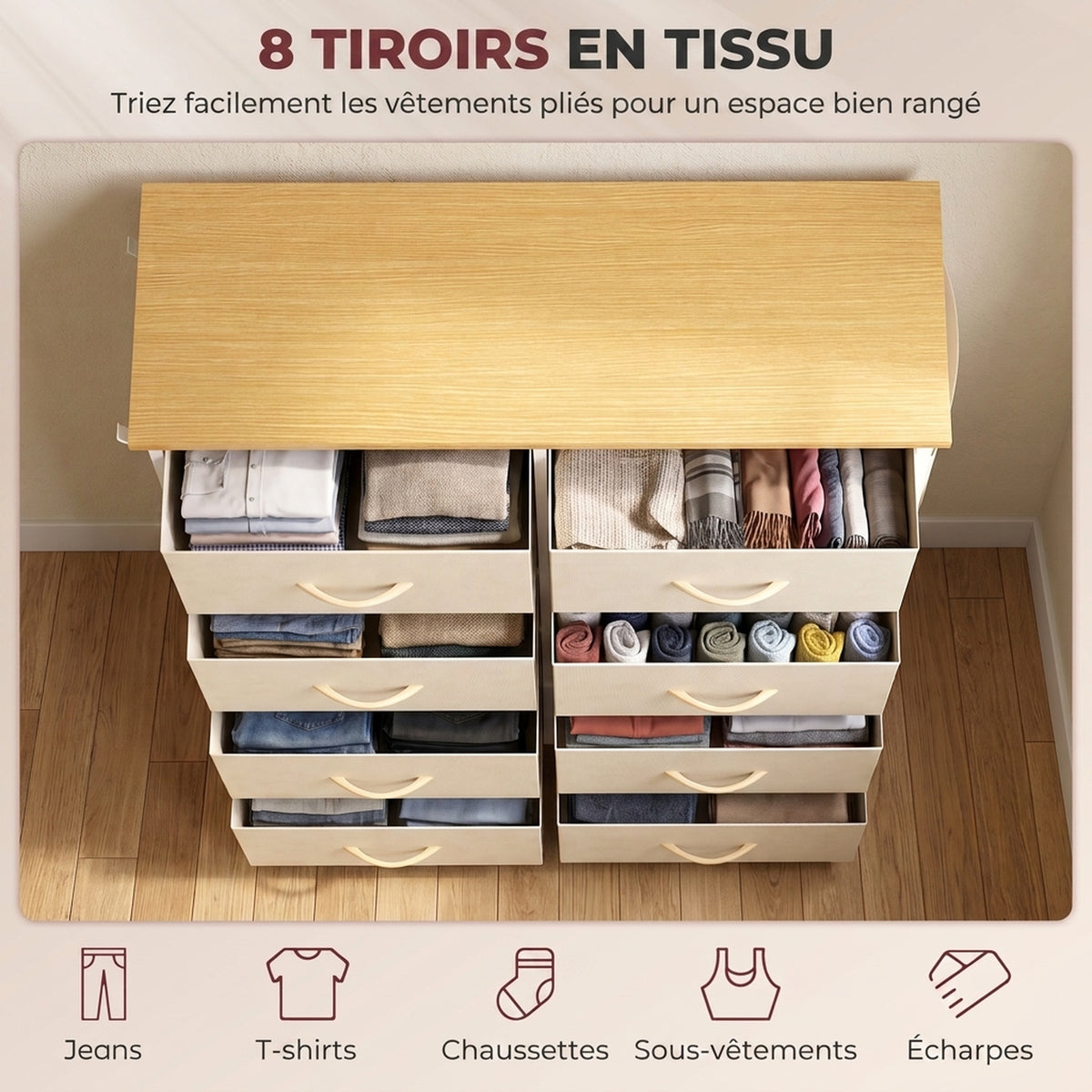 Commode 8 Tiroirs en Tissu, Meuble de Rangement avec 4 Poches, 2 Crochets, Structure en Acier, 80 x 30 x 94,5 cm, Beige