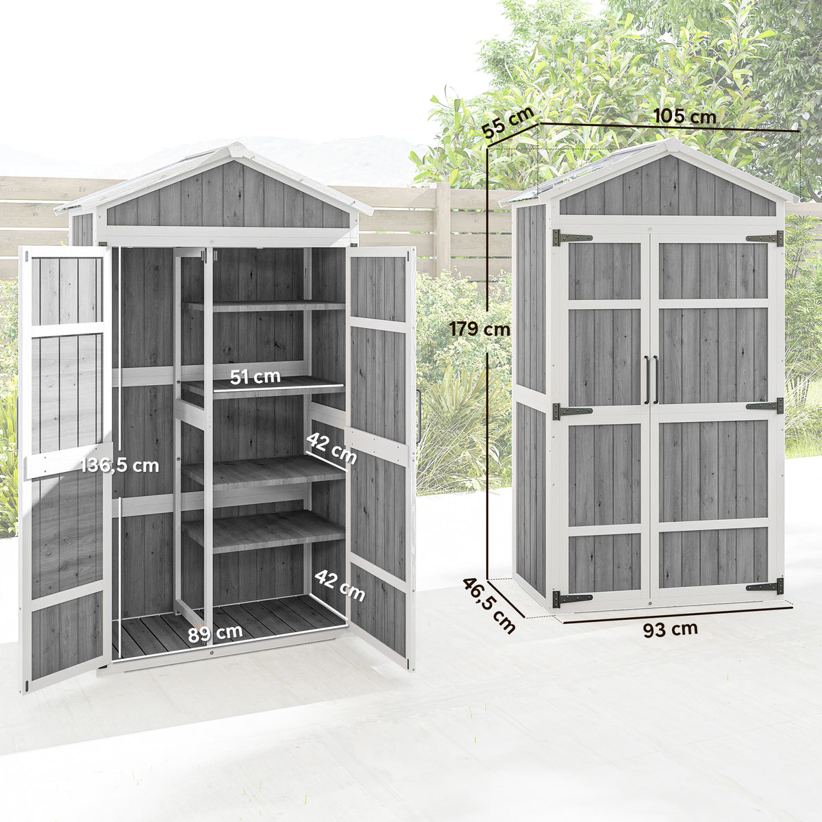 Armoire de Jardin Abri de Jardin Étanche avec Toit en Métal Double Porte pour Outils de Jardinage 105x55x179cm Gris