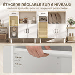 Buffet cuisine, meuble de rangement avec tiroir, 3 portes dont 1 en acrylique cannelée, étagère ouverte, blanc et chêne