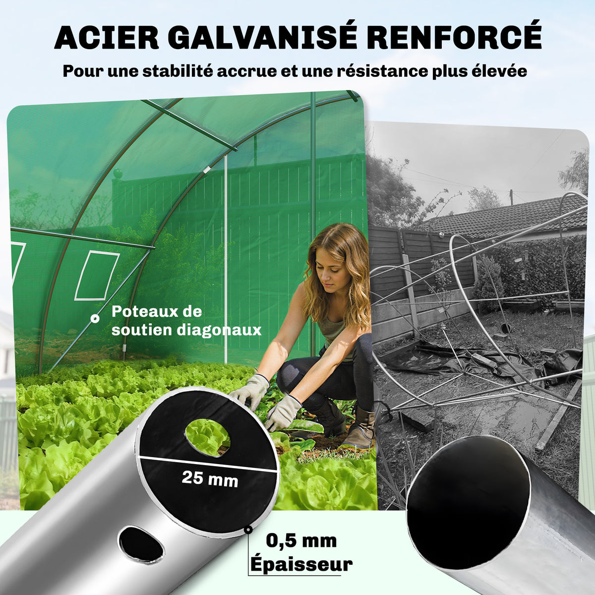 Serre Tunnel de Jardin Serre Maraîchère Acier Galvanisé Ø25mm et Structure Renforcée 395x595x199cm Vert