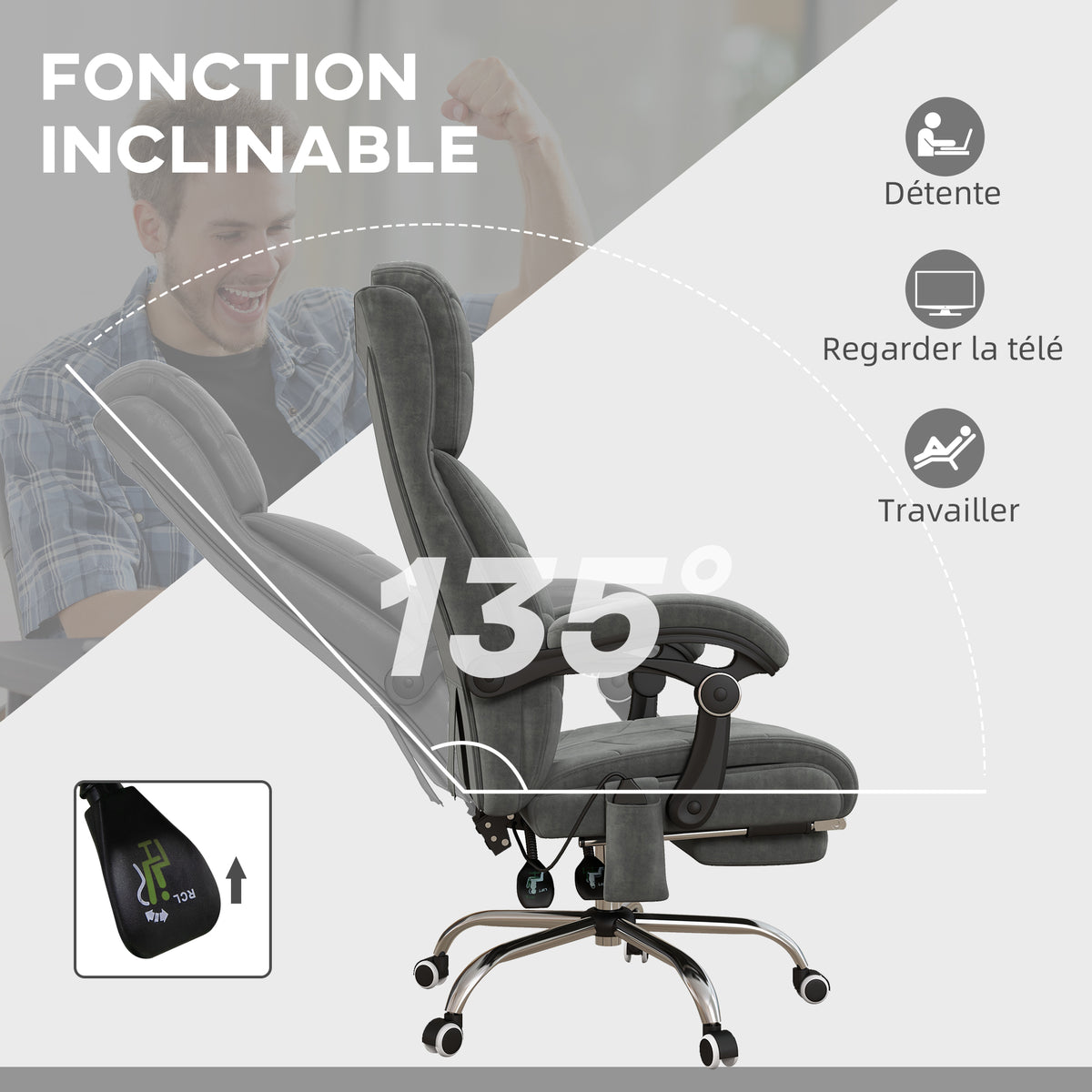 Fauteuil chaise de bureau massant chauffant inclinable avec repose-pieds intégré 5 roulettes gris