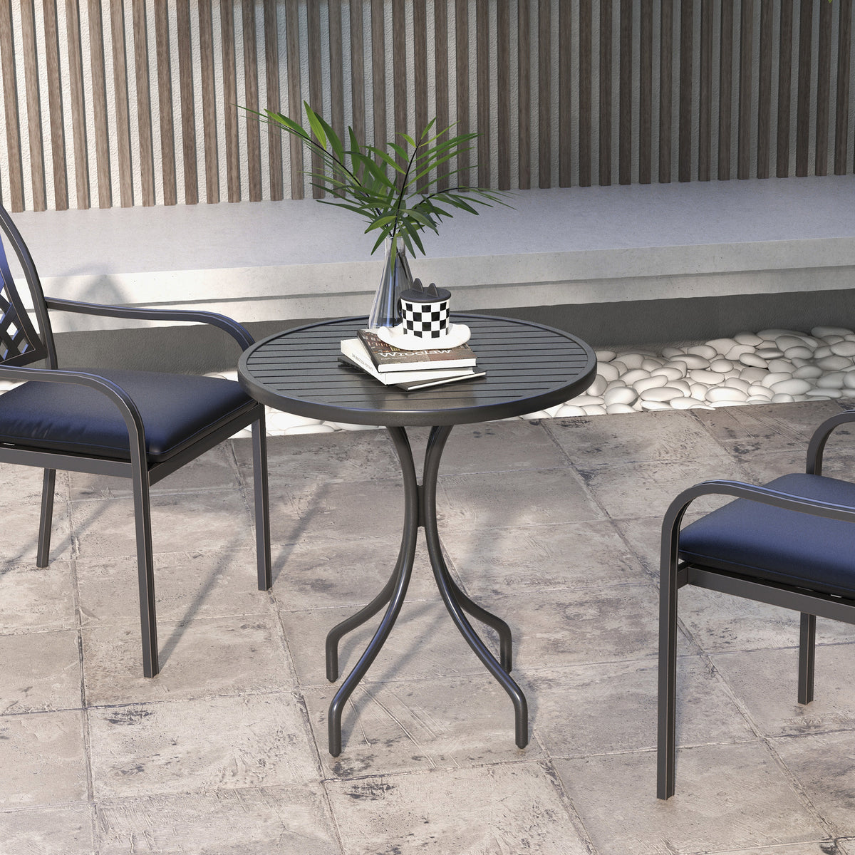 Table de Bistrot Ronde Ø 66 cm en Acier Galvanisé avec Plateau à Lattes pour Terrasse, Balcon, Noir
