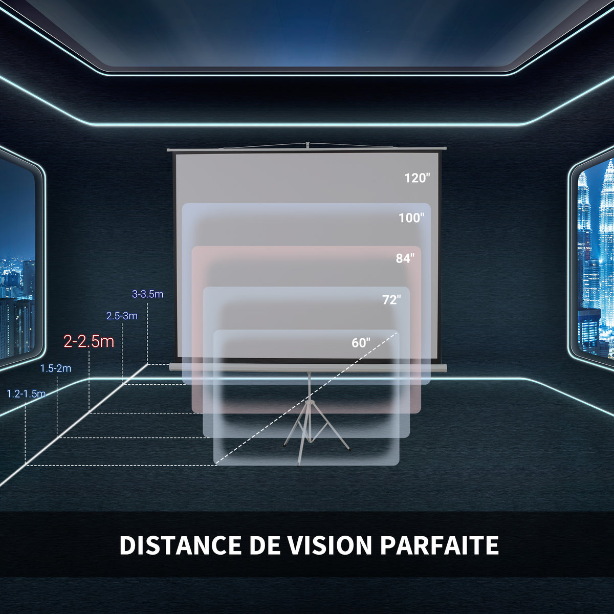 Écran de Projection avec Trépied Pliable 84 Pouces 4K HD 4:3, 180L cm, Écran Vidéoprojecteur, Hauteur Réglable, Angle de Vision 160°, pour Home Cinéma, Films en Intérieur/Extérieur, Blanc