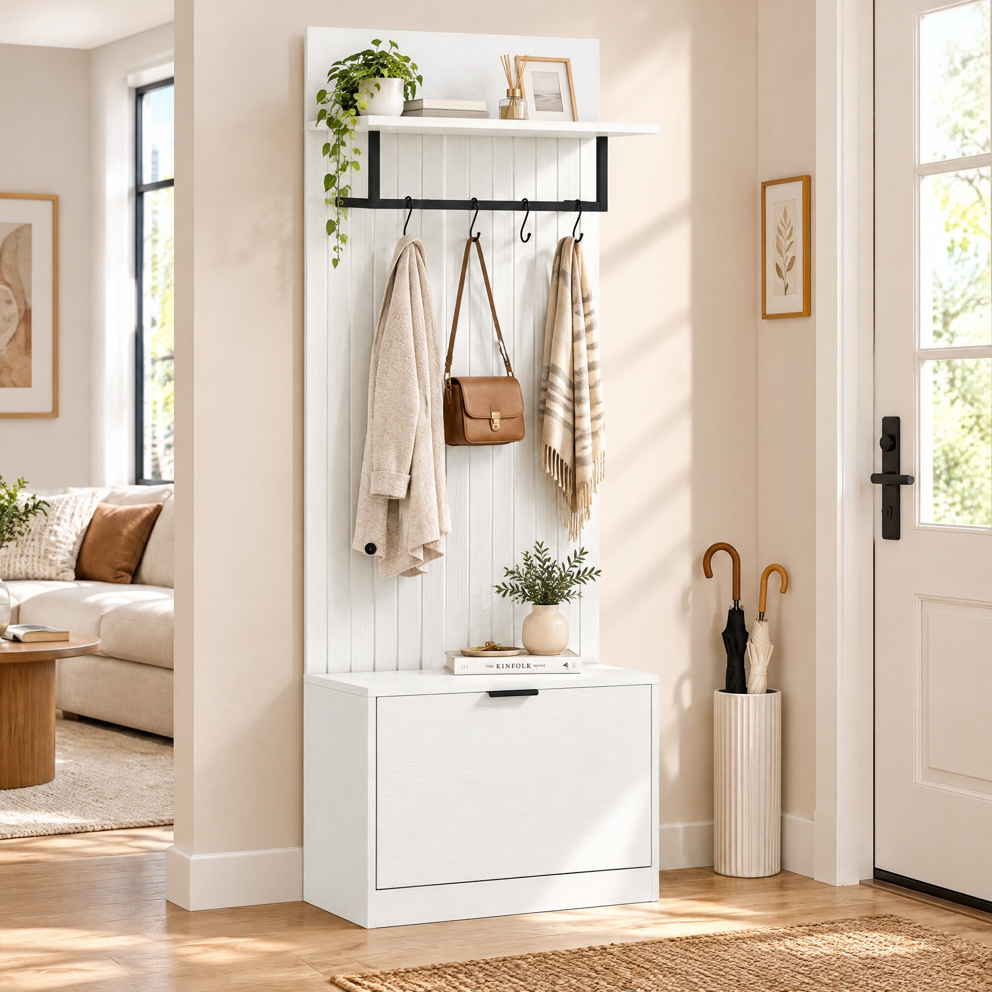 Perchero 5 en 1, Mueble de entrada, Banco zapatero, Cajón abatible, Estantes ajustables, 4 ganchos, Blanco