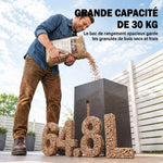 Réservoir à Pellets Granulés en Acier 30 kg, Roulettes, Fenêtre de Niveau, Tamis avec Poignée, 36,5x36,5x61,5cm, Noir