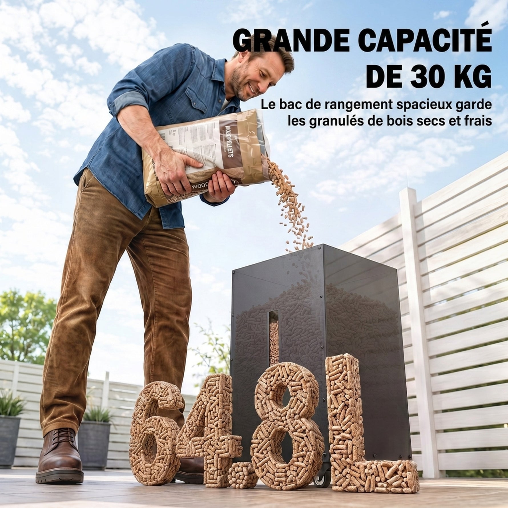 Réservoir à Pellets Granulés en Acier 30 kg, Roulettes, Fenêtre de Niveau, Tamis avec Poignée, 36,5x36,5x61,5cm, Noir