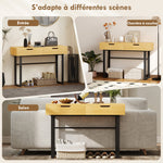 Console meuble 110 cm, table console étroite avec 2 tiroirs, cadre en métal et design sans poignées, bois naturel