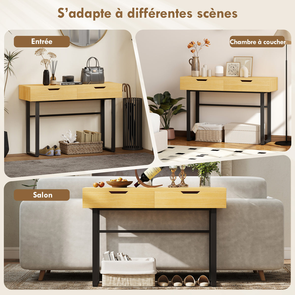 Console meuble 110 cm, table console étroite avec 2 tiroirs, cadre en métal et design sans poignées, bois naturel