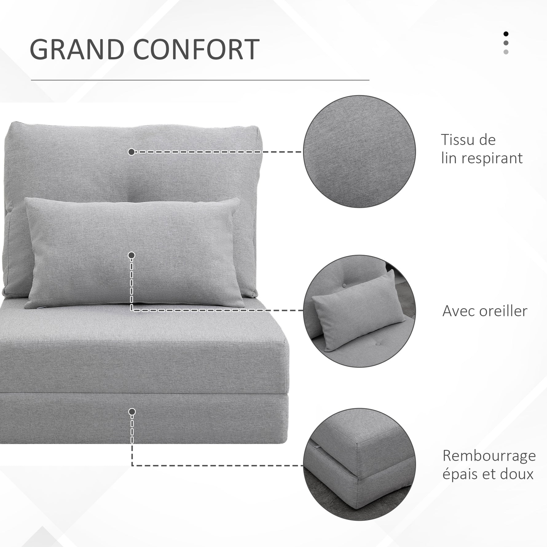 Chauffeuse canapé-lit convertible fauteuil 1 place avec 1 coussin avec dossier réglable, gris clair