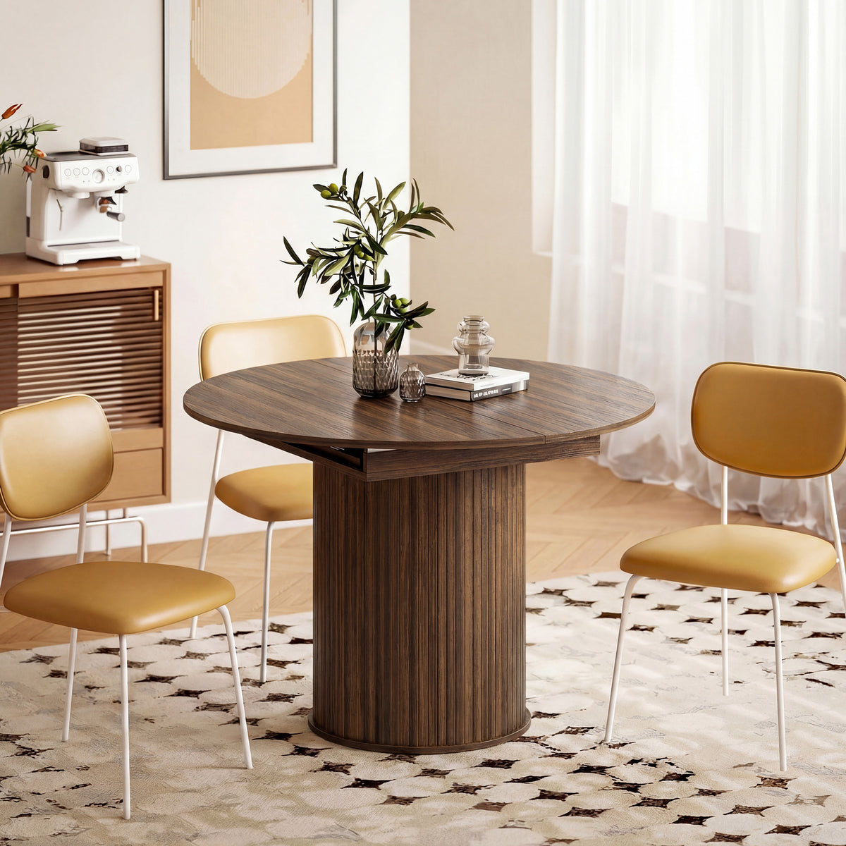 Mesa de Comedor Extensible para 6 a 8 Personas, 110-150 cm, Mesa de Cocina Ovalada con Base Central Redonda, Nogal