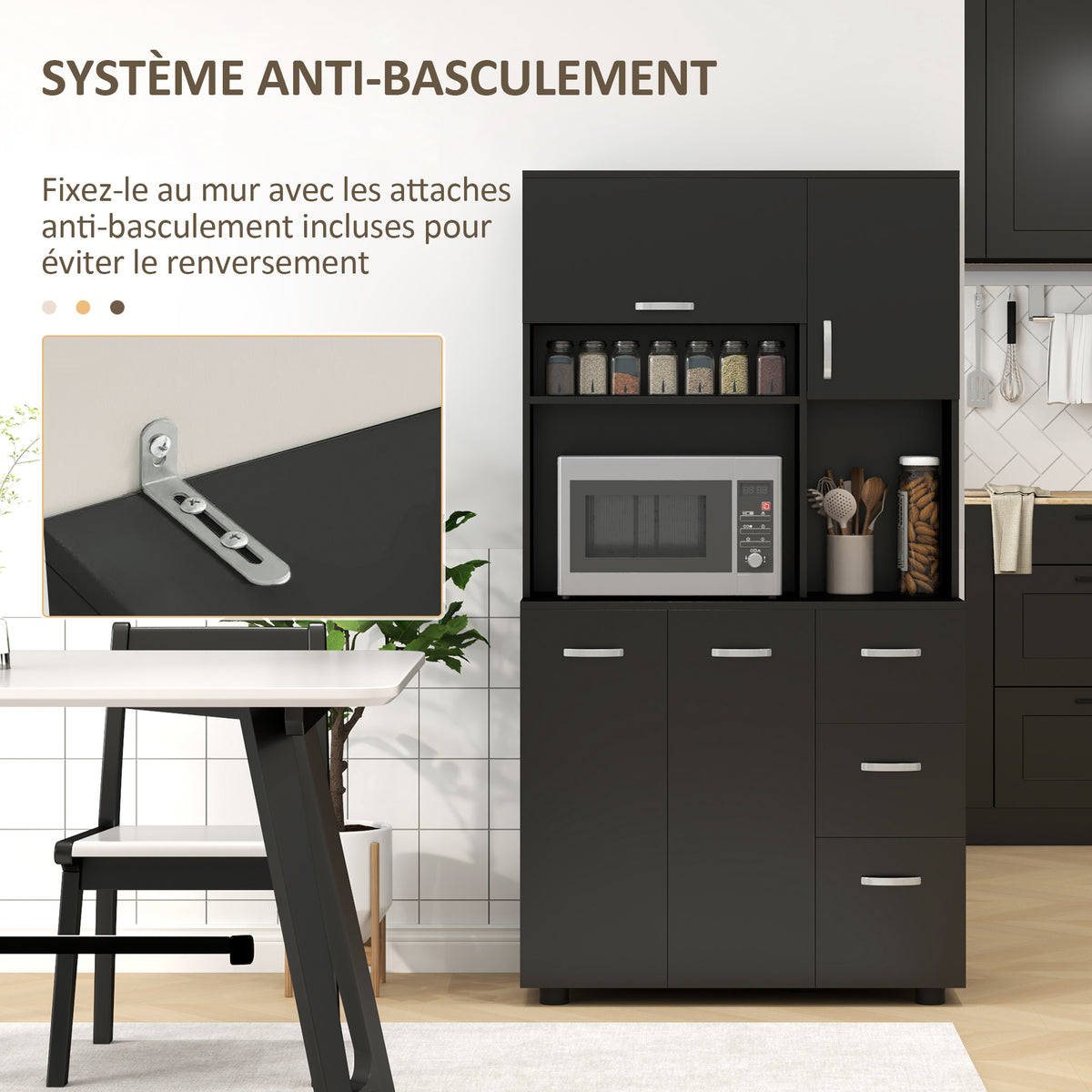 Mobile da cucina multi-ripiano, 4 ante, 3 cassetti, mensola + ampio piano d'appoggio, 89L x 39,5P x 168A cm, nero