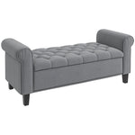 Banc de rangement bout de lit avec accoudoirs, tissu effet velours rembourré et capitonné, 126 x 48,5 x 57 cm, gris