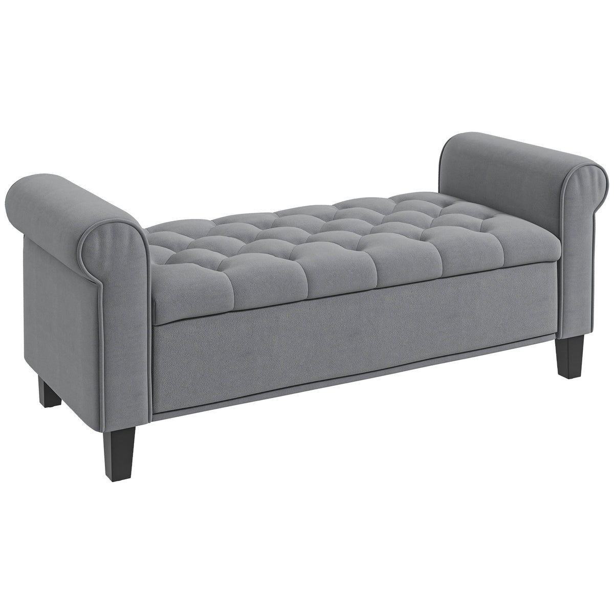 Banc de rangement bout de lit avec accoudoirs, tissu effet velours rembourré et capitonné, 126 x 48,5 x 57 cm, gris