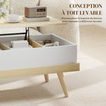 Table Basse Relevable avec 3 Compartiments Cachés, Table de Salon Moderne, Pieds en Bois, 100x79x54cm, Naturel Blanc
