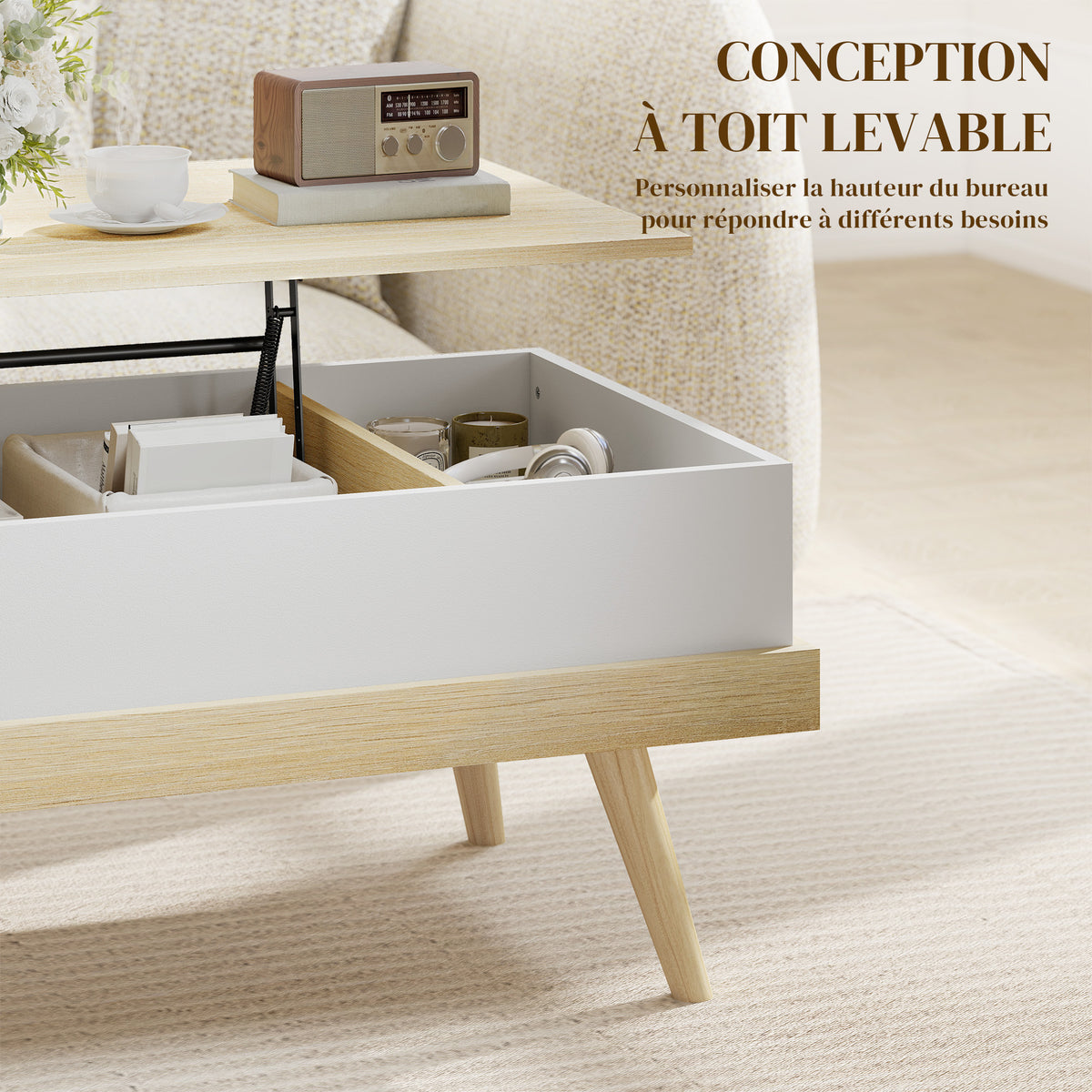 Table Basse Relevable avec 3 Compartiments Cachés, Table de Salon Moderne, Pieds en Bois, 100x79x54cm, Naturel Blanc