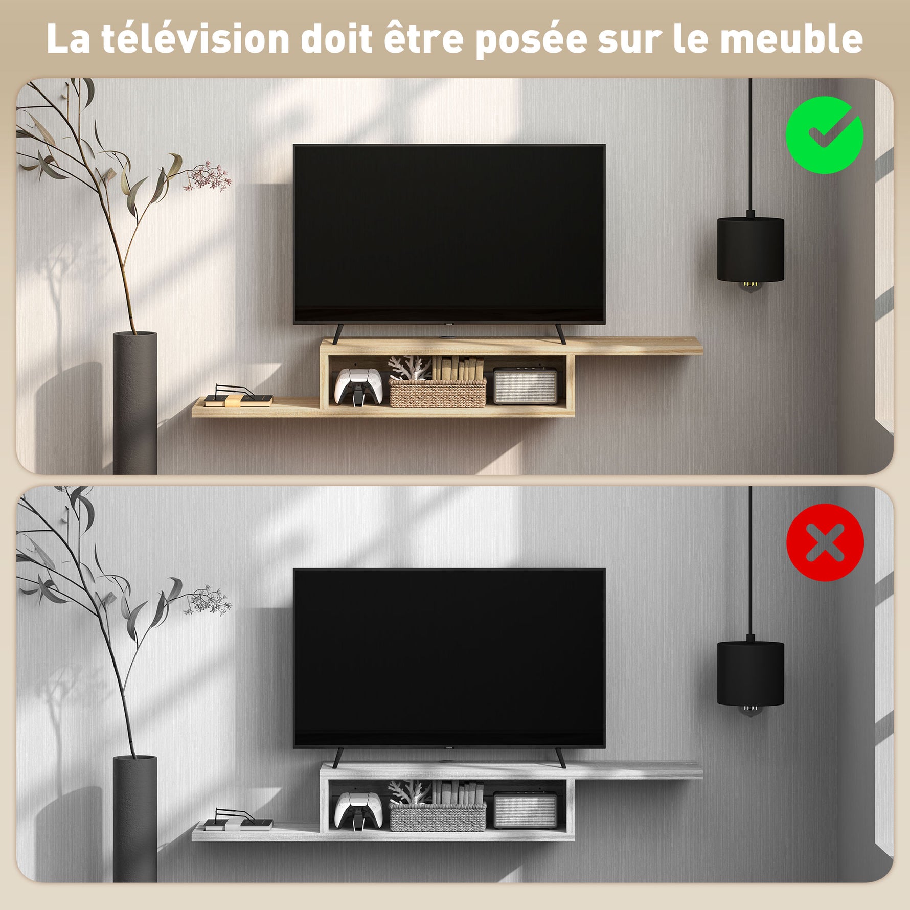 Meuble TV mural flottant suspendu support TV - étagère murale flottante - niche, passe-fils - chêne clair