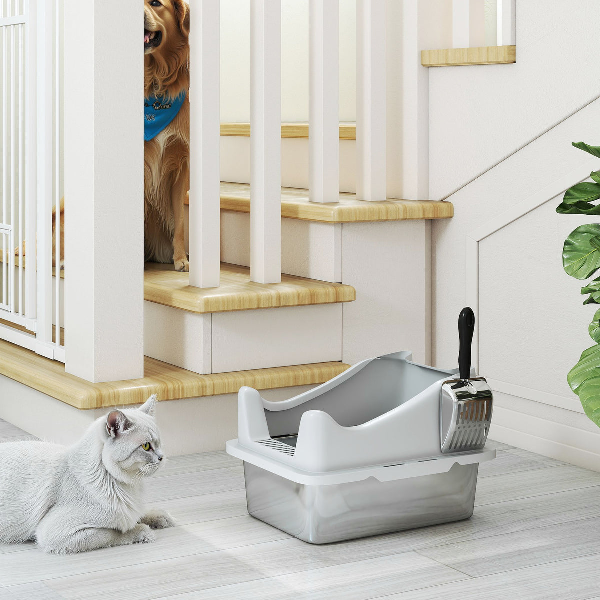 Bac à litière en acier inoxydable, maison de toilette pour chat, bords hauts, nettoyage facile, 43,1x33,2x25,4cm, gris